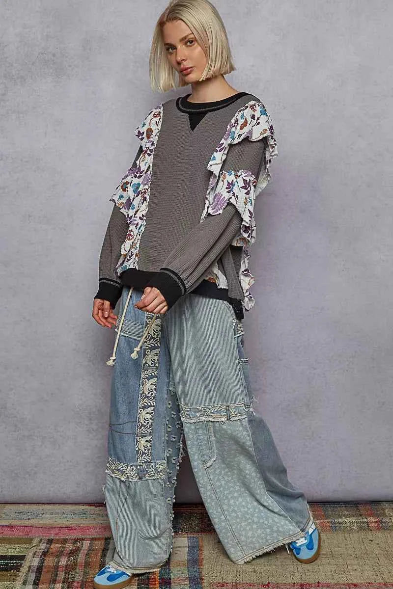 POL Round Neck Sweater with Floral Ruffle Detail POL Round Neck Sweater with Floral Ruffle Detail