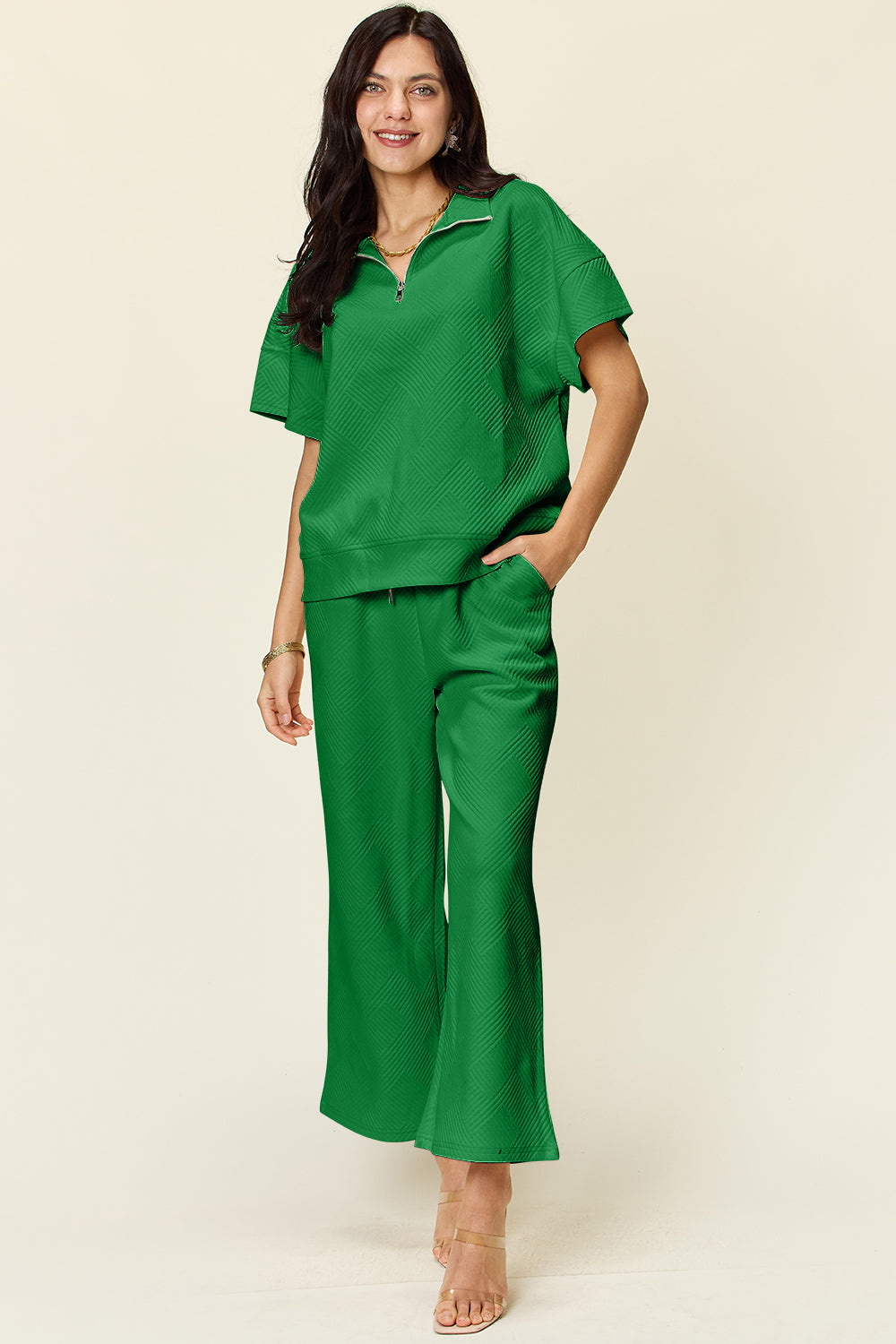 Double Take Full Size Texture Half Zip Short Sleeve Top and Pants Set Double Take Full Size Texture Half Zip Short Sleeve Top and Pants Set