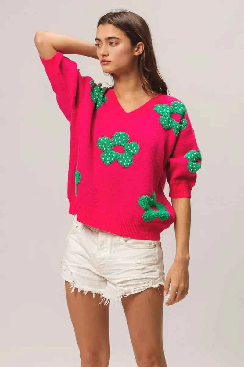 BiBi Pearl Beads Flowers Sweater Top BiBi Pearl Beads Flowers Sweater Top