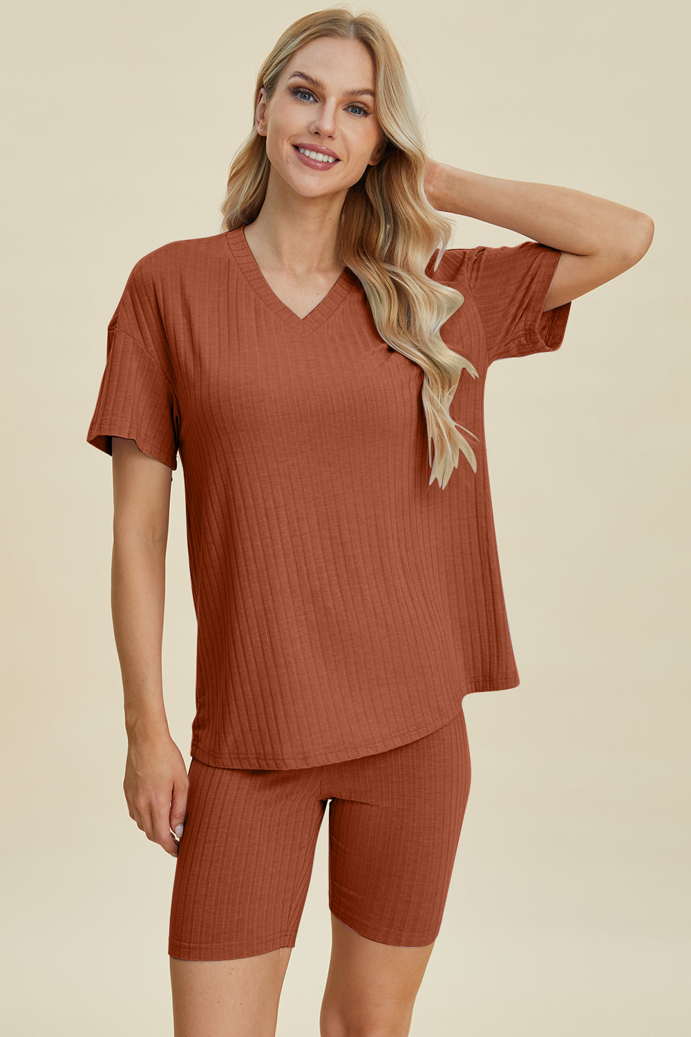 Basic Bae Full Size Ribbed V-Neck Short Sleeve Top and Shorts Set Basic Bae Full Size Ribbed V-Neck Short Sleeve Top and Shorts Set