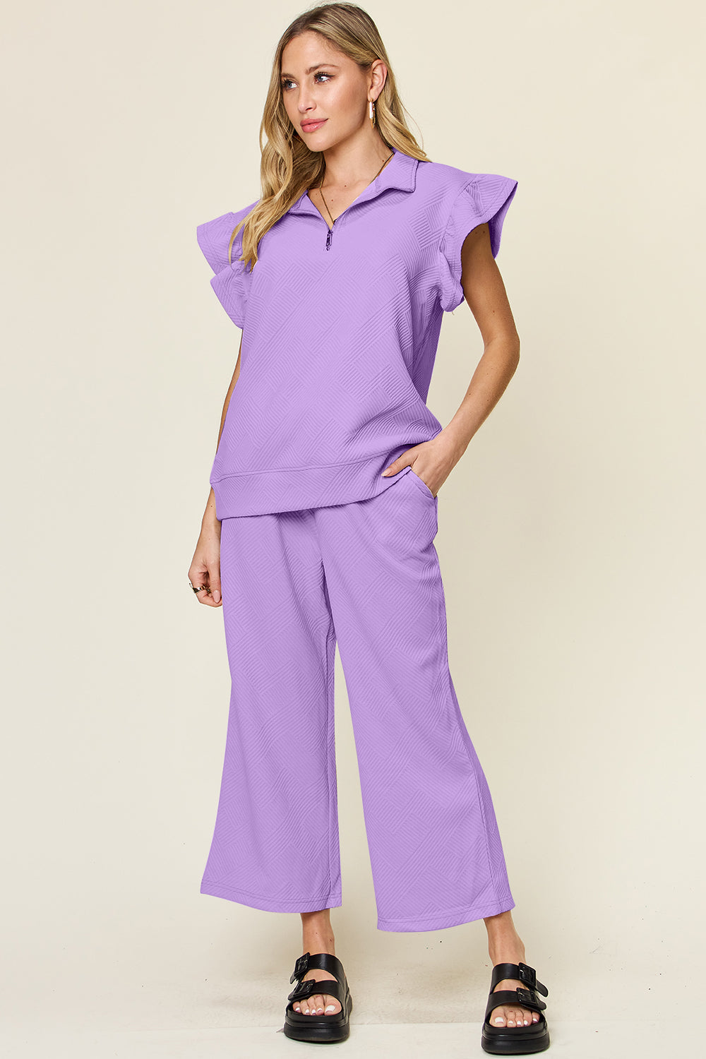 Double Take Texture Ruffle Short Sleeve Top and Drawstring Wide Leg Pants Set Double Take Texture Ruffle Short Sleeve Top and Drawstring Wide Leg Pants Set