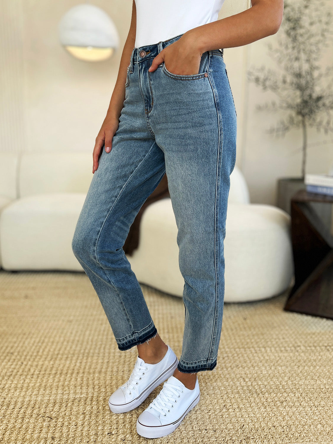 Judy Blue Full Size Mid Rise Rigid Magic Release Hem Jeans Judy Blue Full Size Mid Rise Rigid Magic Release Hem Jeans - TopFashionHQ