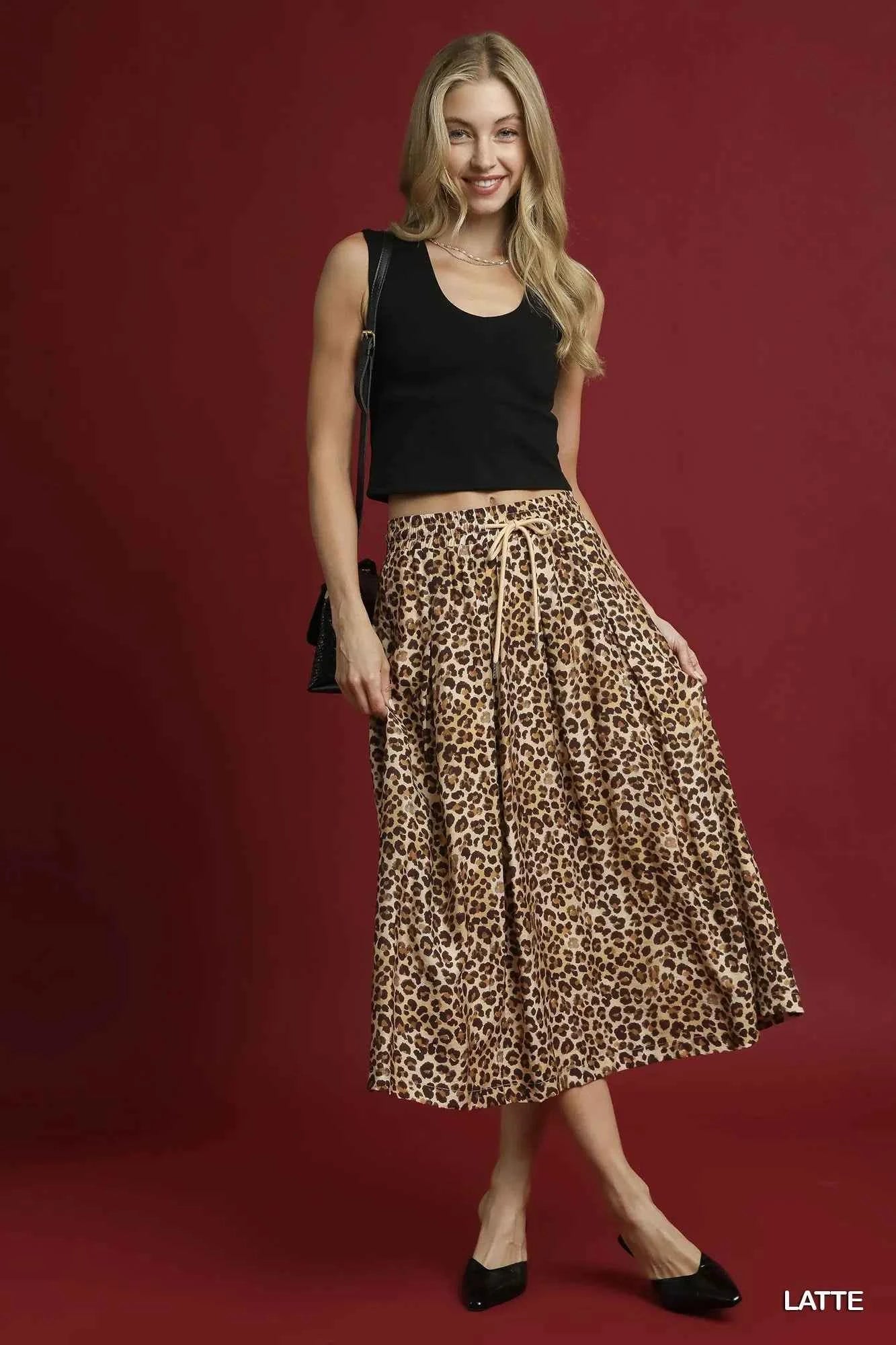 Umgee Drawstring Leopard Midi Skirt Umgee Drawstring Leopard Midi Skirt