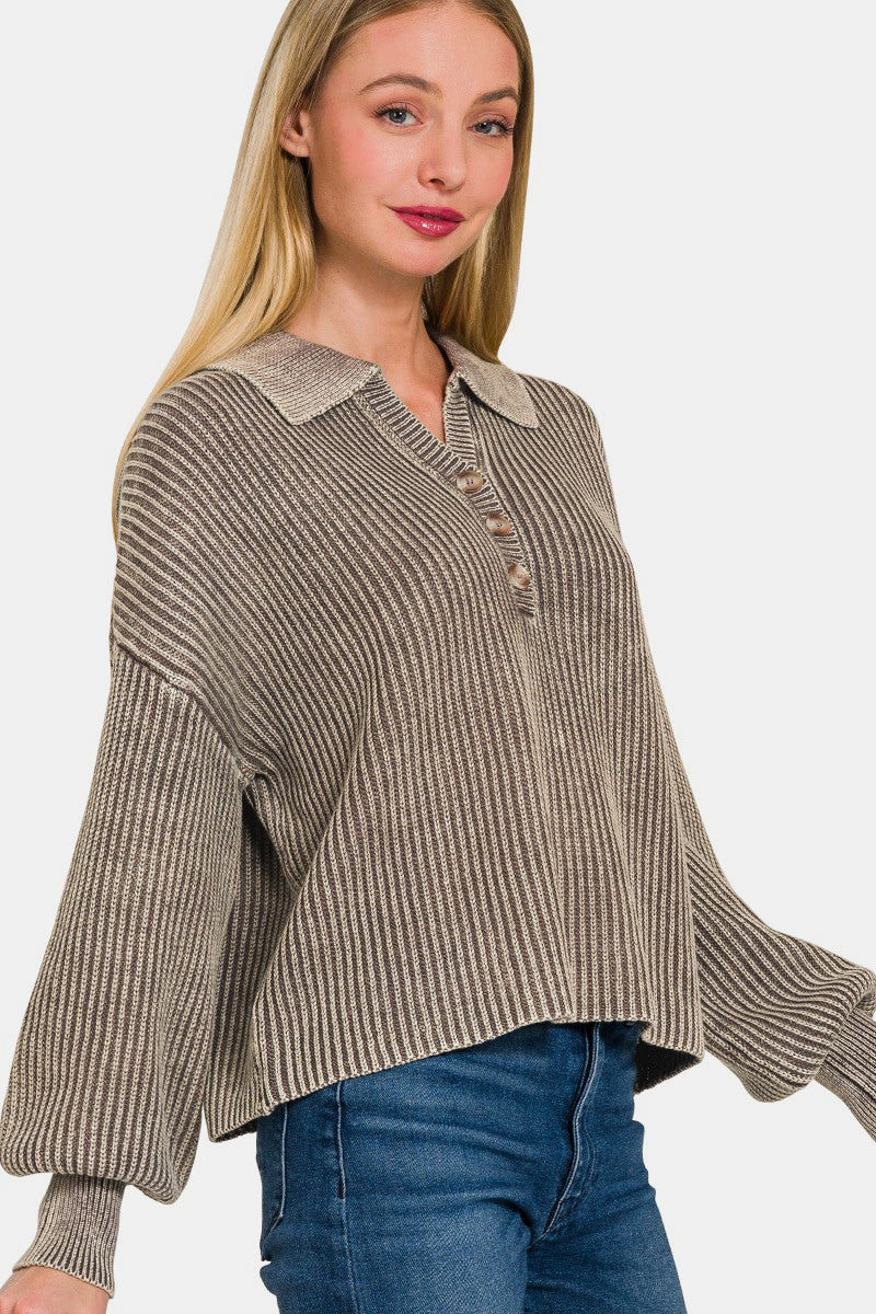 Zenana Washed Half Button Long Sleeve Sweater Zenana Washed Half Button Long Sleeve Sweater - TopFashionHQ