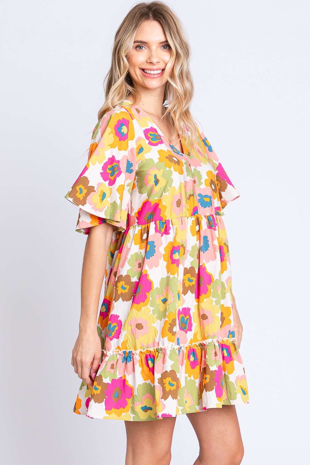 GeeGee Full Size Floral V-Neck Ruffle Trim Mini Dress GeeGee Full Size Floral V-Neck Ruffle Trim Mini Dress - TopFashionHQ