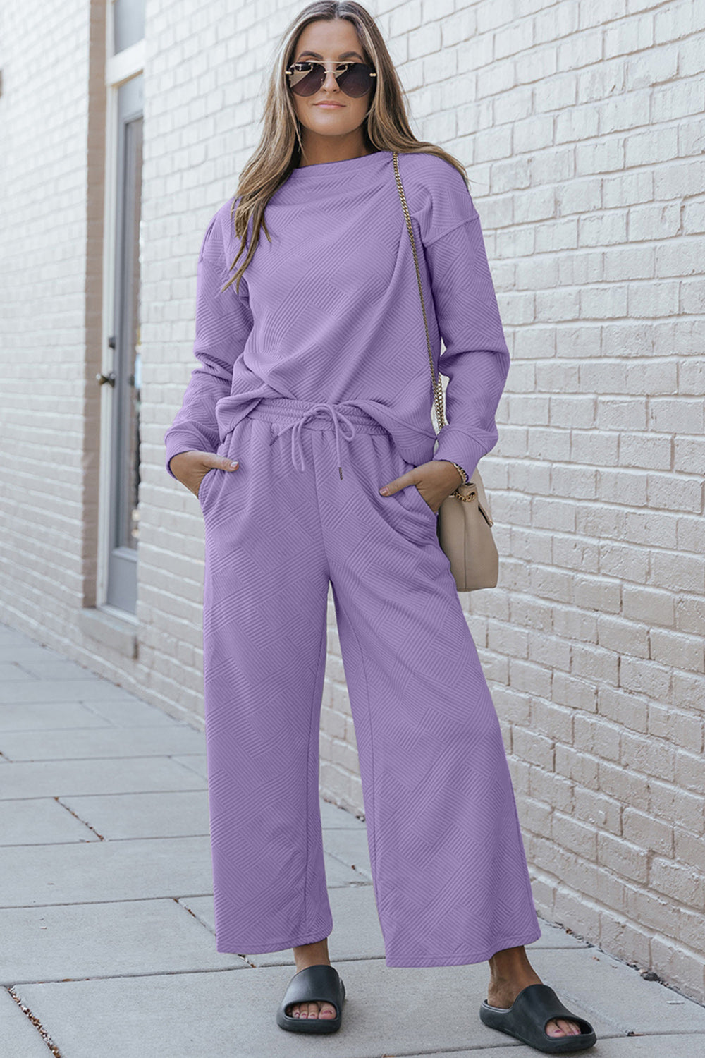 Double Take Full Size Textured Long Sleeve Top and Drawstring Pants Set Double Take Full Size Textured Long Sleeve Top and Drawstring Pants Set - TopFashionHQ