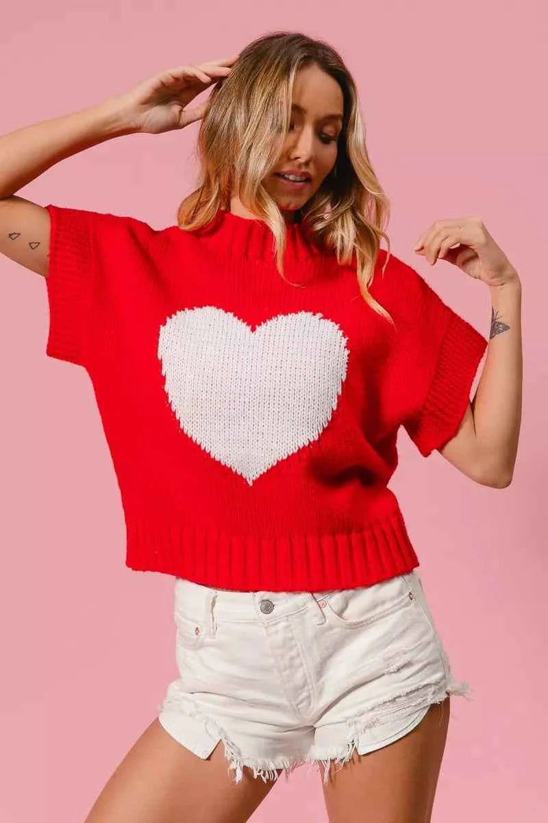 BiBi Rib Banded Heart Pattern Valentines Sweater BiBi Rib Banded Heart Pattern Valentines Sweater