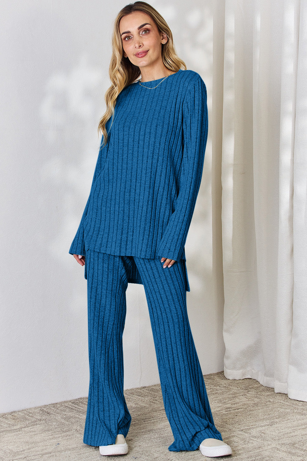 Basic Bae Full Size Ribbed High-Low Top and Wide Leg Pants Set Basic Bae Full Size Ribbed High-Low Top and Wide Leg Pants Set - TopFashionHQ