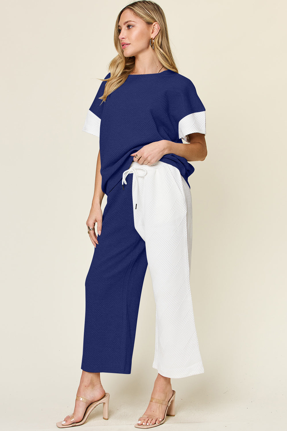 Double Take Full Size Texture Contrast T-Shirt and Wide Leg Pants Set Double Take Full Size Texture Contrast T-Shirt and Wide Leg Pants Set