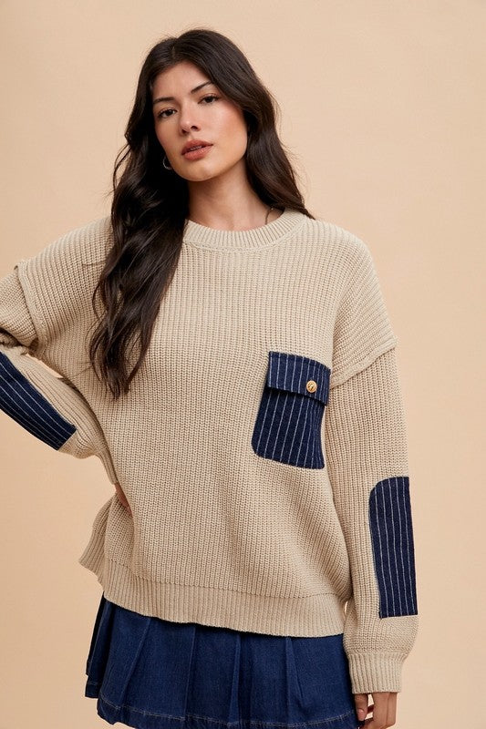 Annie Wear Contrast Round Neck Drop Shoulder Sweater with Patch Pocket Annie Wear Contrast Round Neck Drop Shoulder Sweater with Patch Pocket