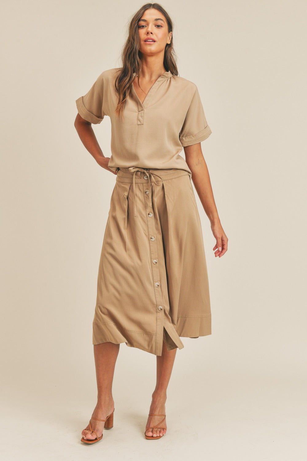 MABLE Short Sleeve Top and Button Down Midi Skirt Set MABLE Short Sleeve Top and Button Down Midi Skirt Set
