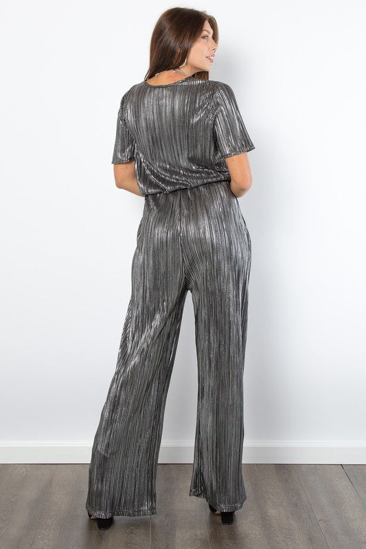 Be Stage Surplice Short Sleeve Pleated Foil Jumpsuit Be Stage Surplice Short Sleeve Pleated Foil Jumpsuit - TopFashionHQ