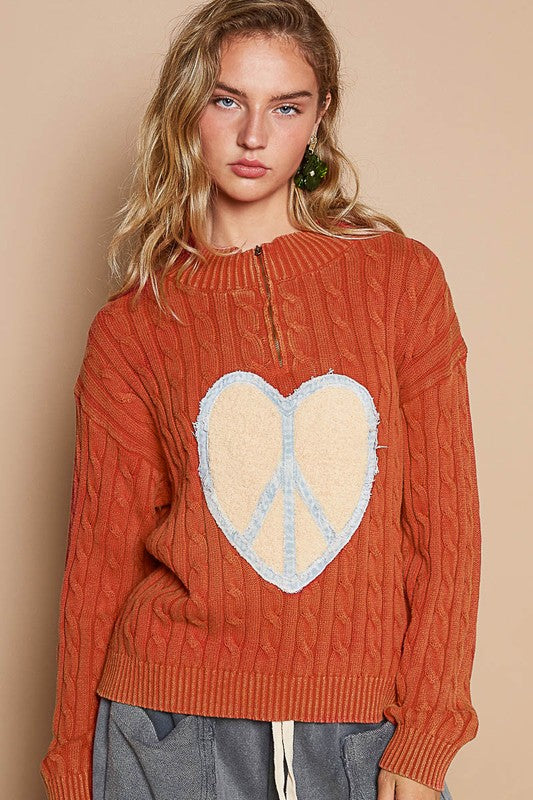 POL Cable-Knit Peace Patch Dropped Shoulder Sweater POL Cable-Knit Peace Patch Dropped Shoulder Sweater - TopFashionHQ