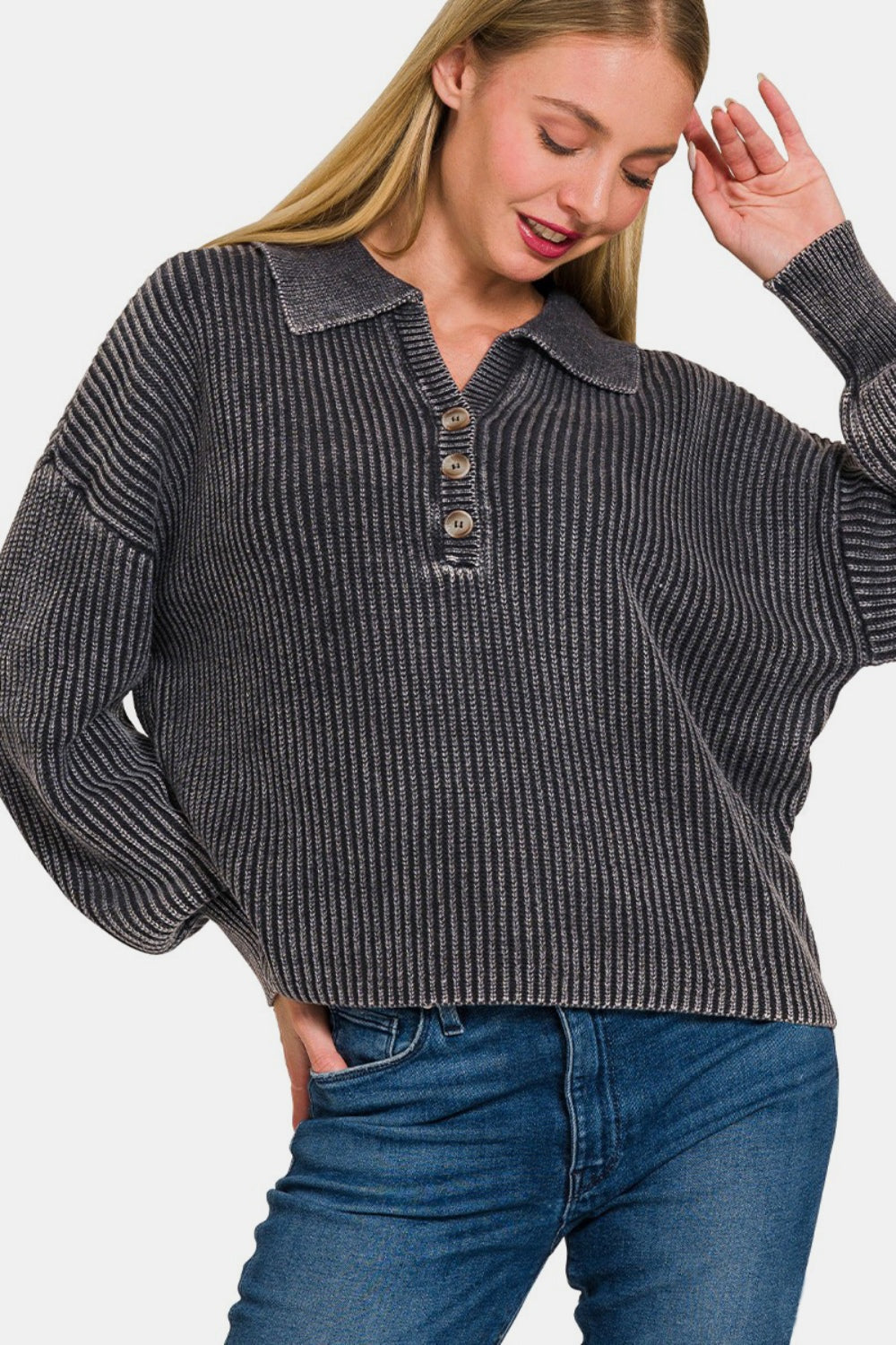 Zenana Washed Half Button Long Sleeve Sweater Zenana Washed Half Button Long Sleeve Sweater - TopFashionHQ