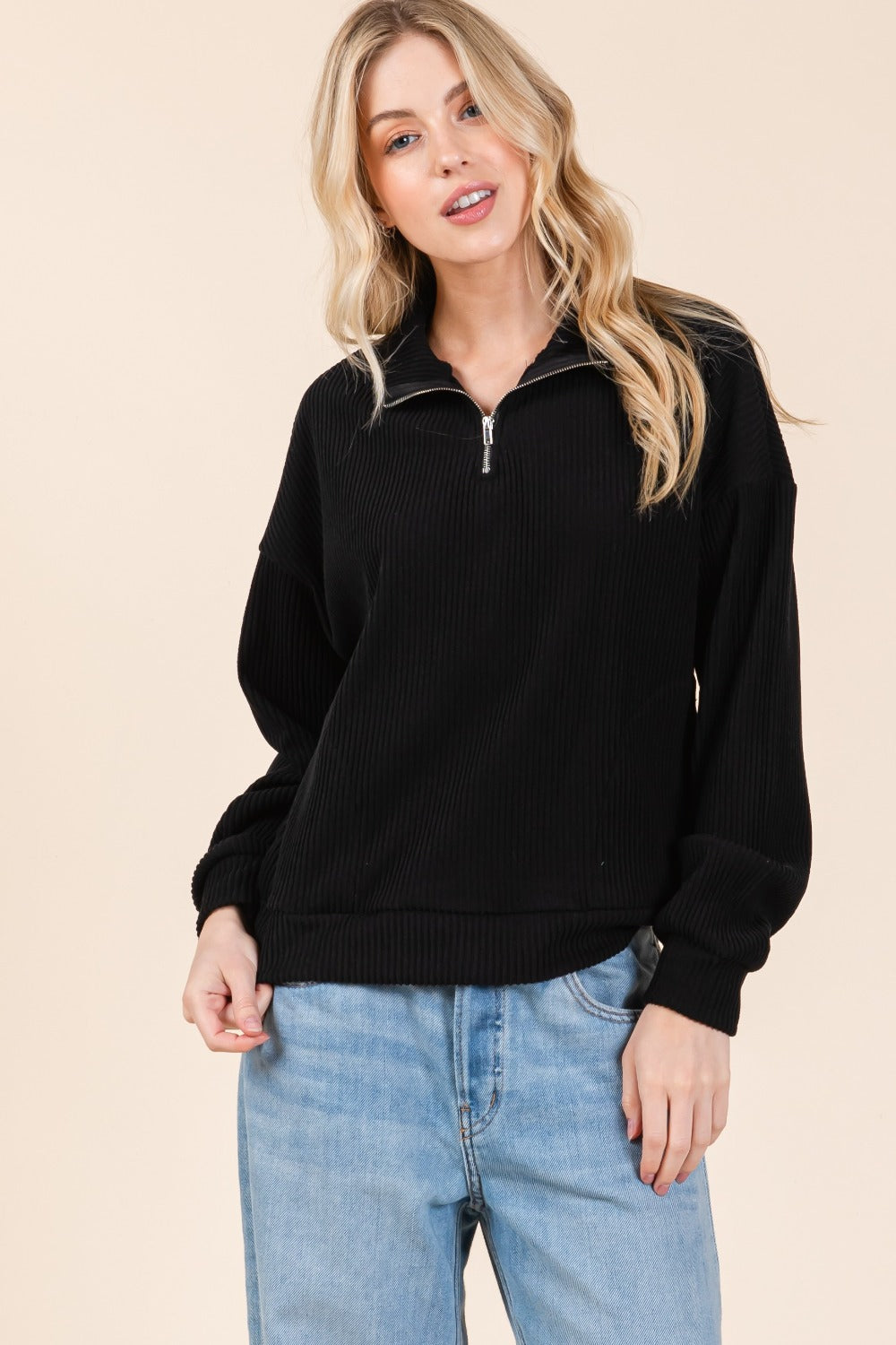 BOMBOM Quarter Zip Long Sleeve Sweatshirt with Pockets BOMBOM Quarter Zip Long Sleeve Sweatshirt with Pockets