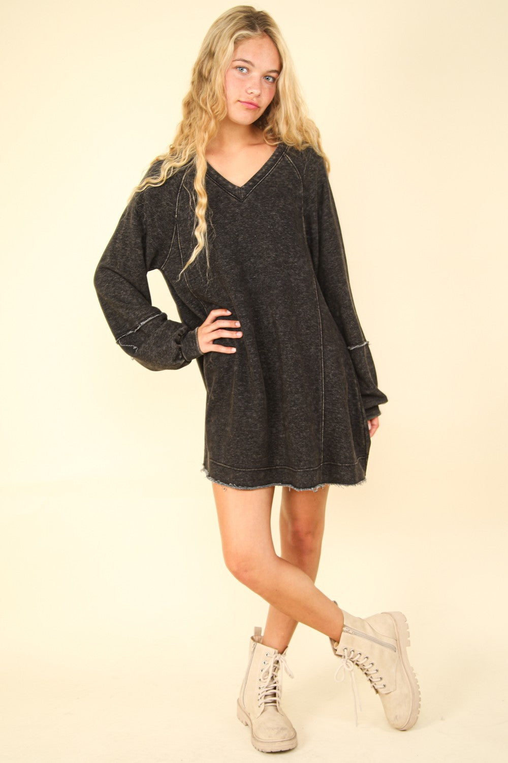 VERY J Mineral Washed Oversized A-Line Mini Dress VERY J Mineral Washed Oversized A-Line Mini Dress - TopFashionHQ