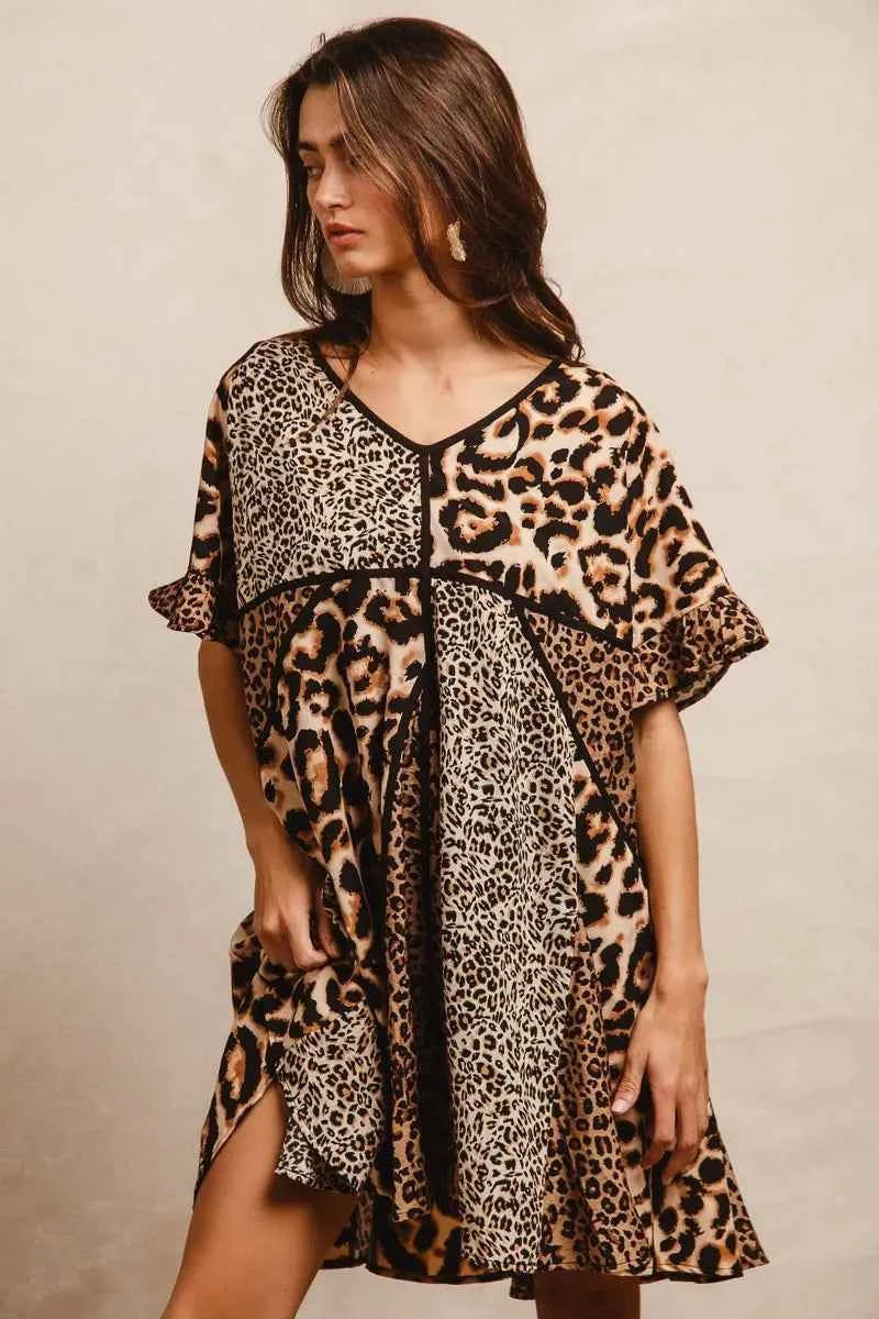 BiBi Leopard Prints Mix and Match Short Sleeves Dress BiBi Leopard Prints Mix and Match Short Sleeves Dress