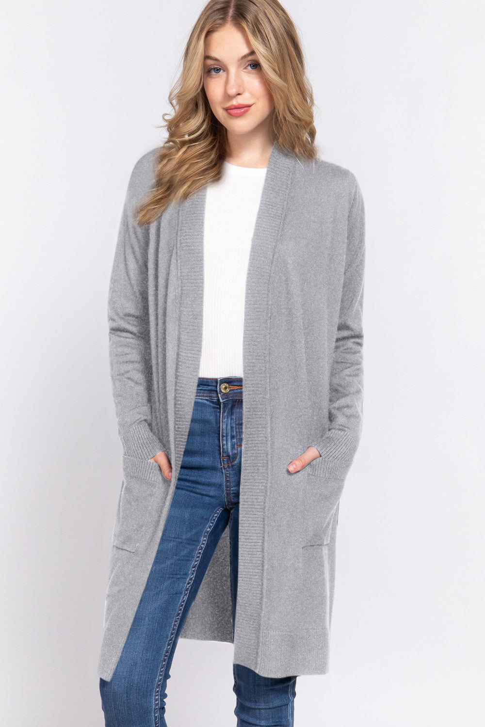 ACTIVE BASIC Open Front Rib Trim Long Sleeve Knit Cardigan ACTIVE BASIC Open Front Rib Trim Long Sleeve Knit Cardigan - TopFashionHQ