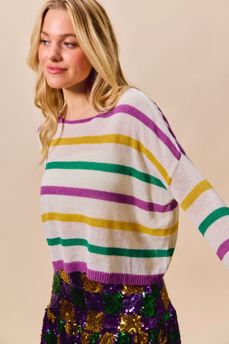 SO ME Mardi Gras Color Stripe Lightweight Sweater Top 4e49f4f409bb407eb933d939451bcf9b-Max-Origin