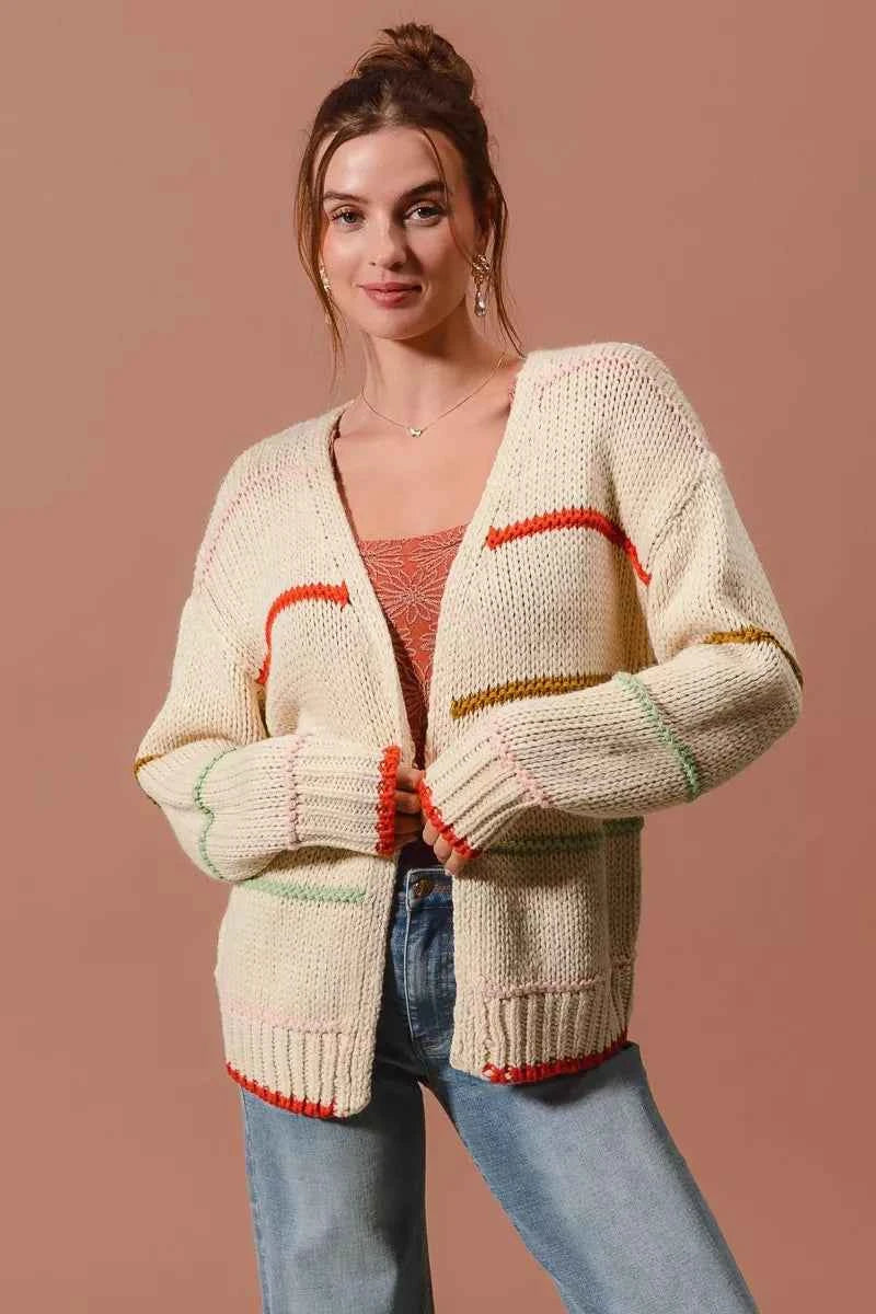 SO ME Loose Fit Multi Stripe Open Front Cardigan SO ME Loose Fit Multi Stripe Open Front Cardigan