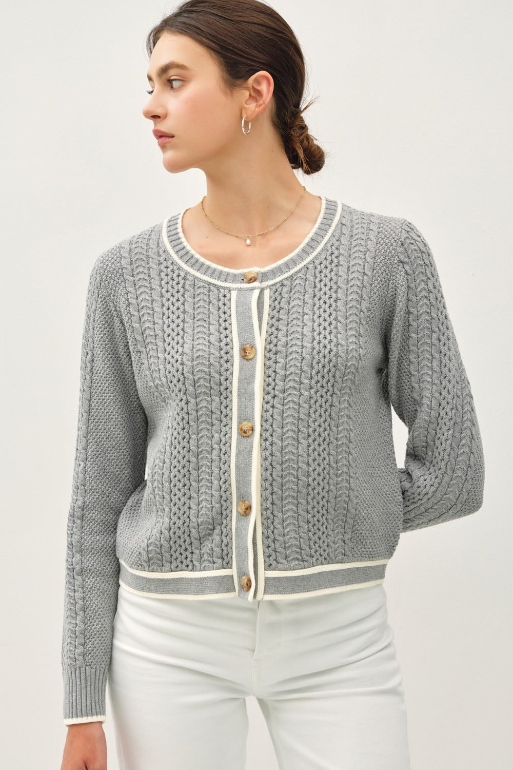 Be Cool Cable Knit Long Sleeve Contrast Edge Cardigan Be Cool Cable Knit Long Sleeve Contrast Edge Cardigan
