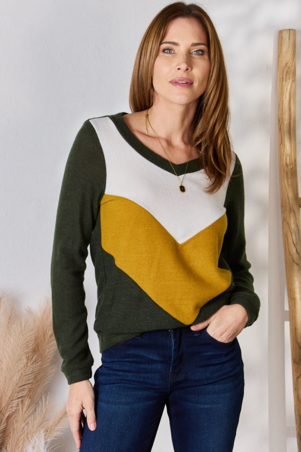 Hailey & Co Full Size Colorblock V-Neck Blouse Hailey & Co Full Size Colorblock V-Neck Blouse - TopFashionHQ