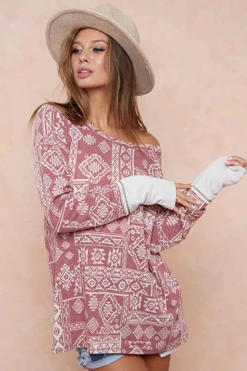 BiBi Aztec Print French Terry Top with Thumb Opening BiBi Aztec Print French Terry Top with Thumb Opening