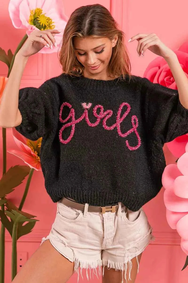 BiBi Metallic Letter Short Puff Sleeve Hairy Sweater BiBi Metallic Letter Short Puff Sleeve Hairy Sweater