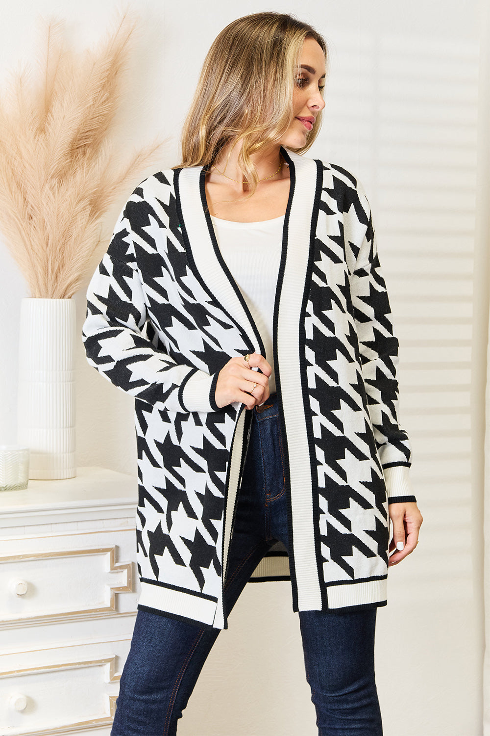 Woven Right Houndstooth Open Front Longline Cardigan Woven Right Houndstooth Open Front Longline Cardigan - TopFashionHQ