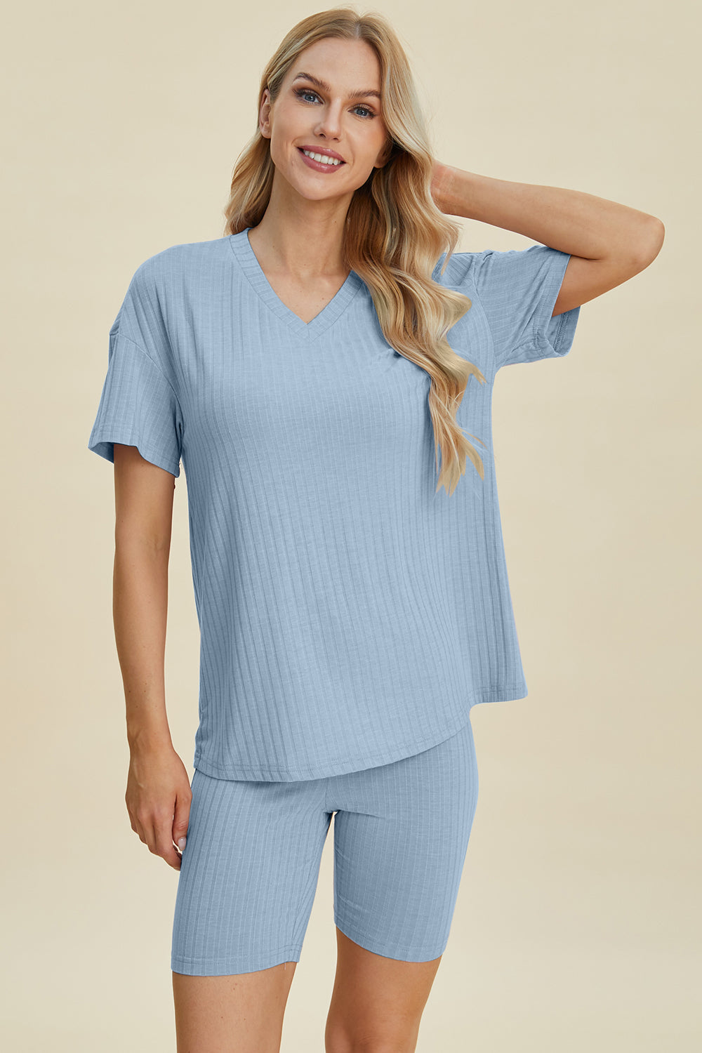 Basic Bae Full Size Ribbed V-Neck Short Sleeve Top and Shorts Set Basic Bae Full Size Ribbed V-Neck Short Sleeve Top and Shorts Set