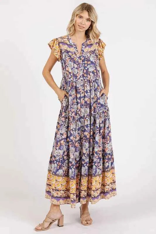 Mittoshop Floral Ruffled Notched Cap Sleeve Maxi Dress Mittoshop Floral Ruffled Notched Cap Sleeve Maxi Dress