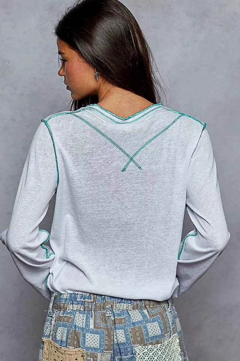 POL Round Neck Long Sleeve Top with Contrast Stitching POL Round Neck Long Sleeve Top with Contrast Stitching