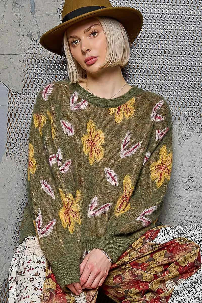 POL Floral Pattern Round Neck Balloon Sleeve Sweater POL Floral Pattern Round Neck Balloon Sleeve Sweater