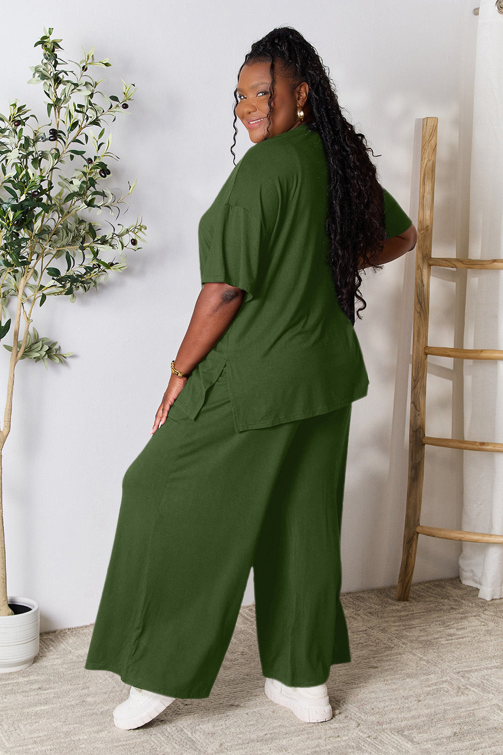 Double Take Full Size Round Neck Slit Top and Pants Set Double Take Full Size Round Neck Slit Top and Pants Set - TopFashionHQ