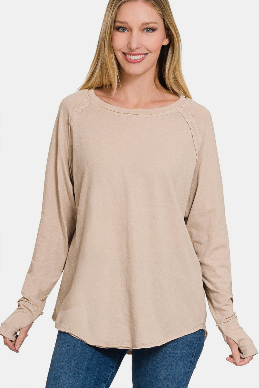 Zenana Round Neck Thumbhole Long Sleeve Top Zenana Round Neck Thumbhole Long Sleeve Top - TopFashionHQ