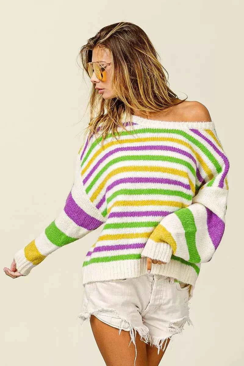 BiBi Mardi Gras Colors Stripe Comfy Sweater BiBi Mardi Gras Colors Stripe Comfy Sweater