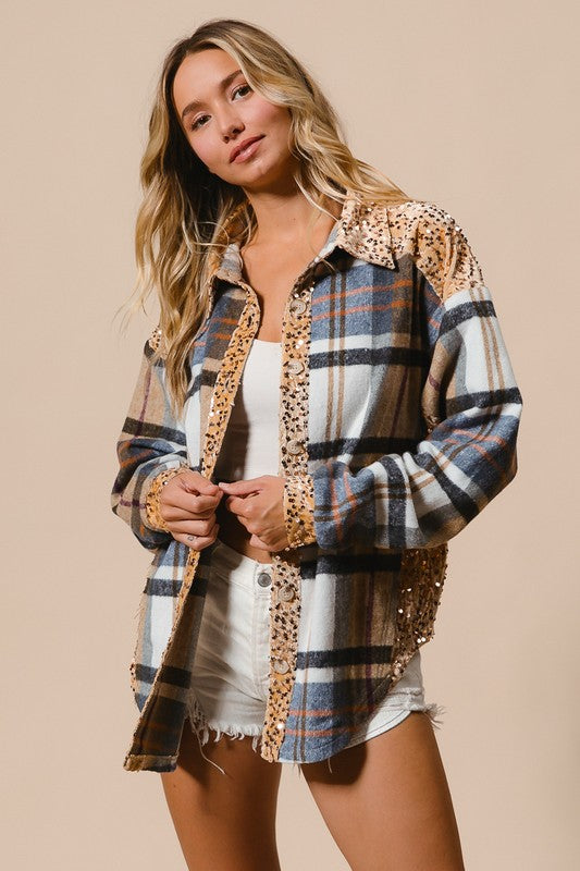 BiBi Curved Hem Sequin Plaid Button Up Shacket BiBi Curved Hem Sequin Plaid Button Up Shacket - TopFashionHQ