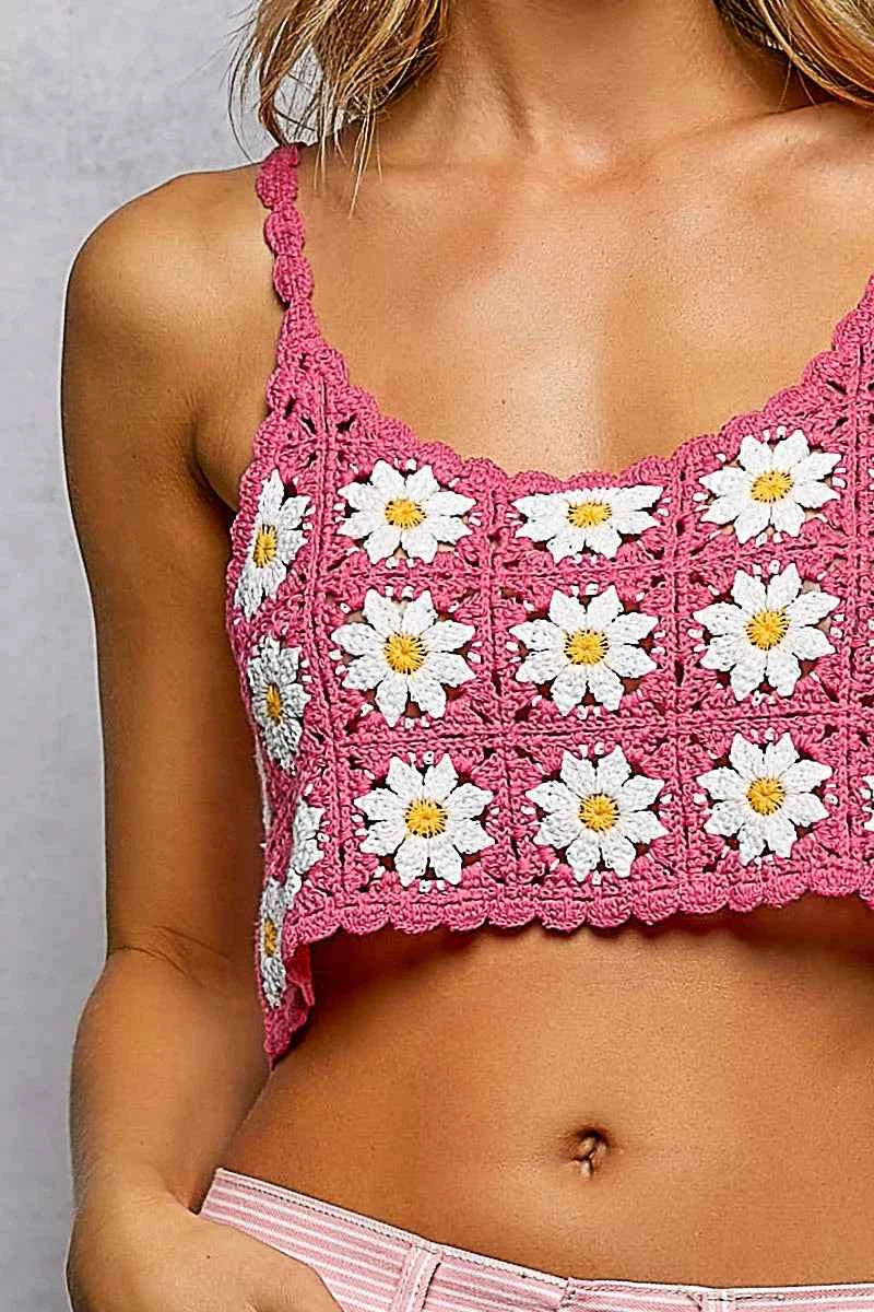 POL Floral Pattern Crochet Cropped Cami with Scalloped Edge POL Floral Pattern Crochet Cropped Cami with Scalloped Edge