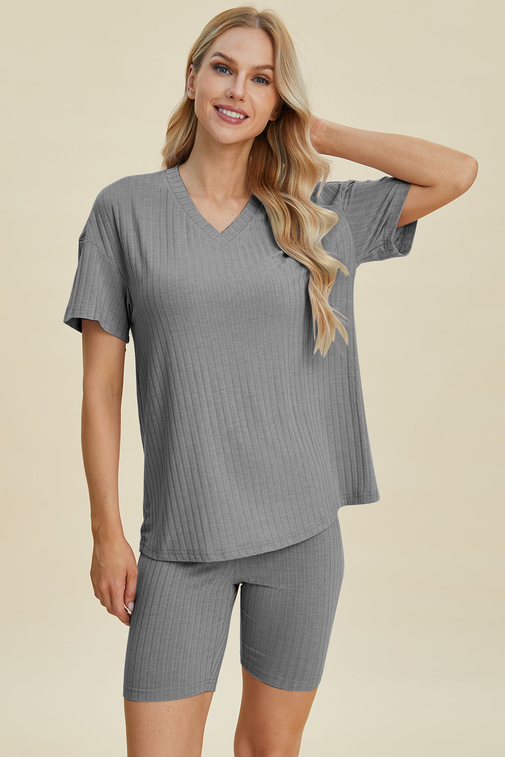 Basic Bae Full Size Ribbed V-Neck Short Sleeve Top and Shorts Set Basic Bae Full Size Ribbed V-Neck Short Sleeve Top and Shorts Set