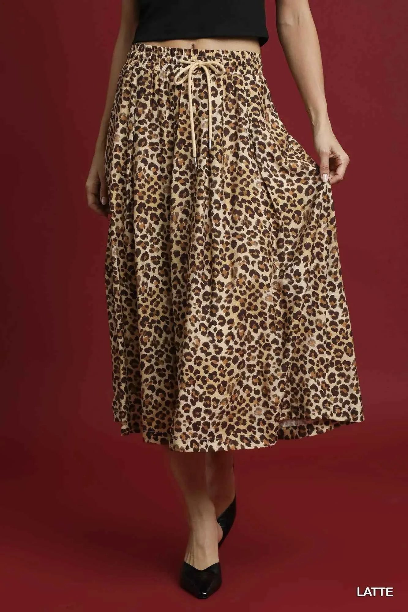 Umgee Drawstring Leopard Midi Skirt Umgee Drawstring Leopard Midi Skirt