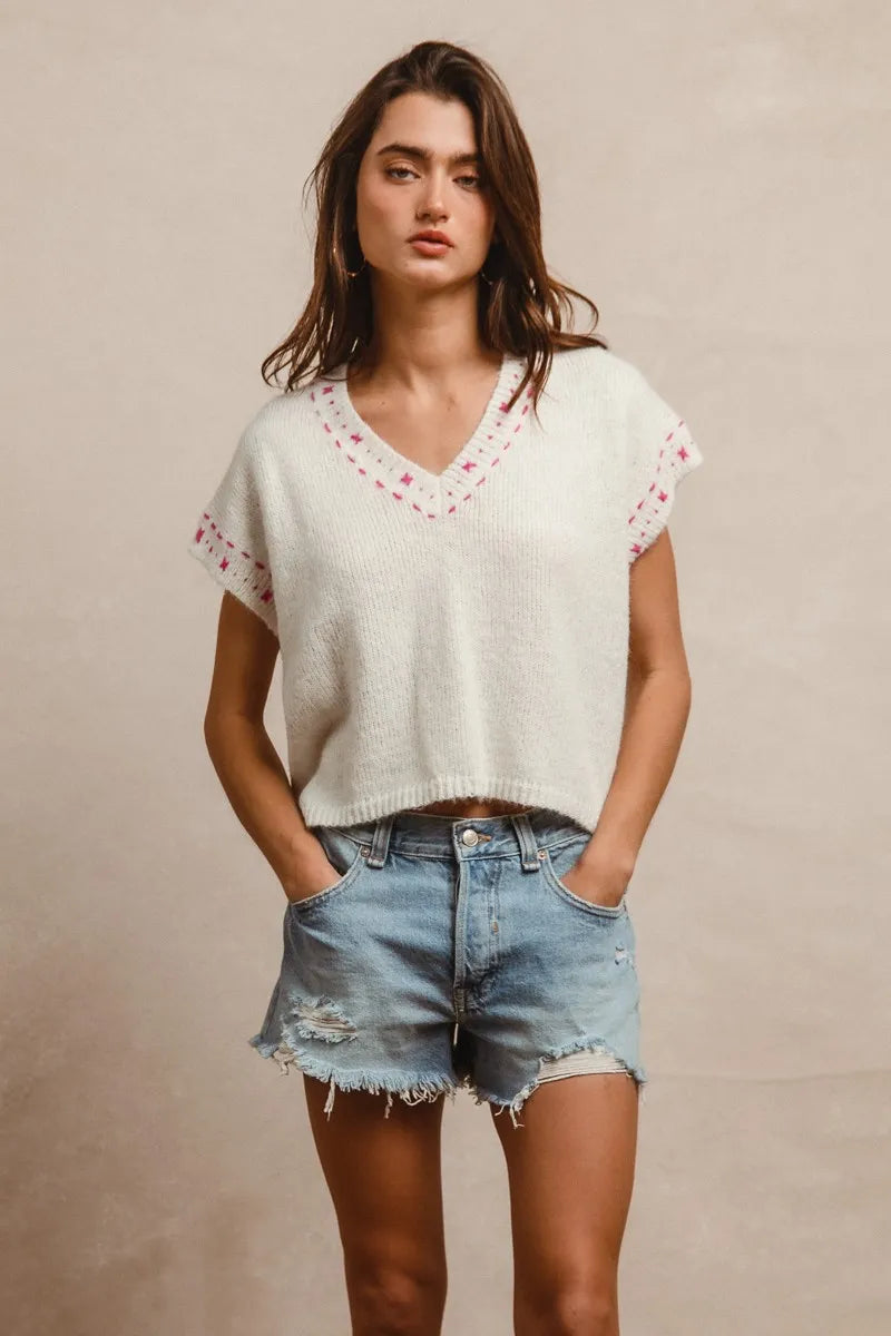 BiBi Knit Solid Contrast Stitch Detail Short Sleeves Sweater 4f79b43f9bd24f92be312a405e632523-Max-Origin