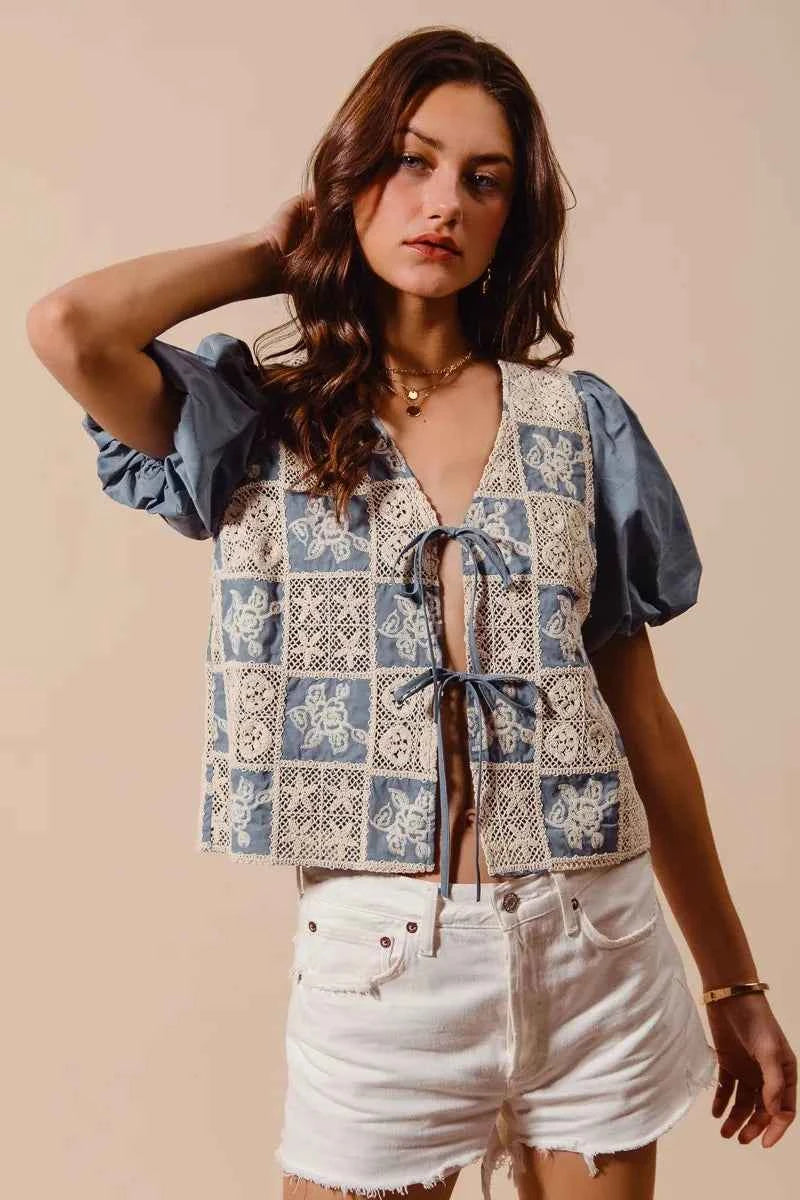 SO ME Crochet Lace Tie Front V Neck Blouse Top SO ME Crochet Lace Tie Front V Neck Blouse Top