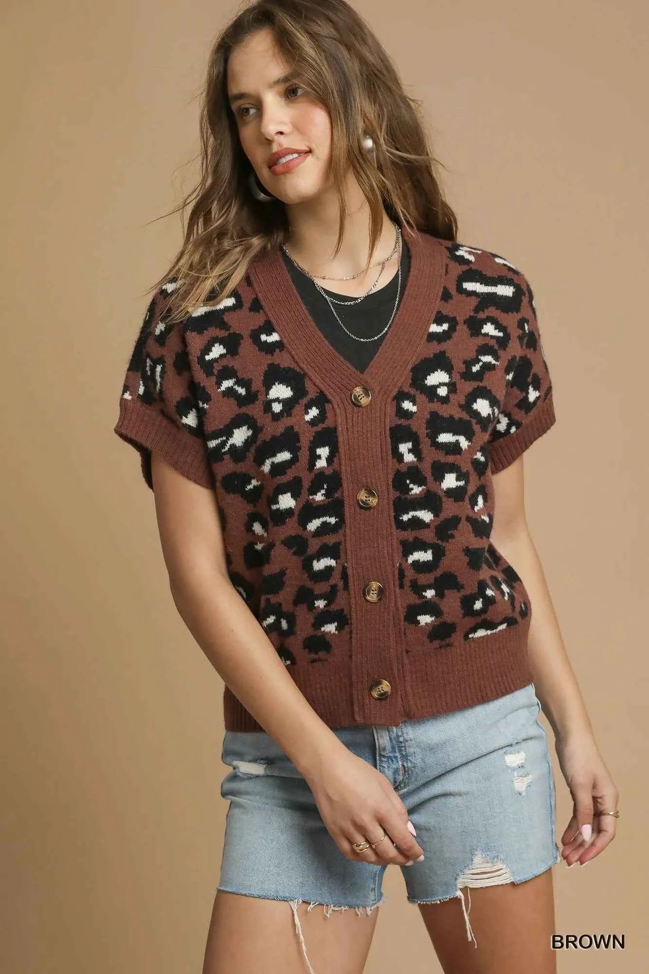 Umgee Leopard Button Down Short Sleeve Cardigan Umgee Leopard Button Down Short Sleeve Cardigan