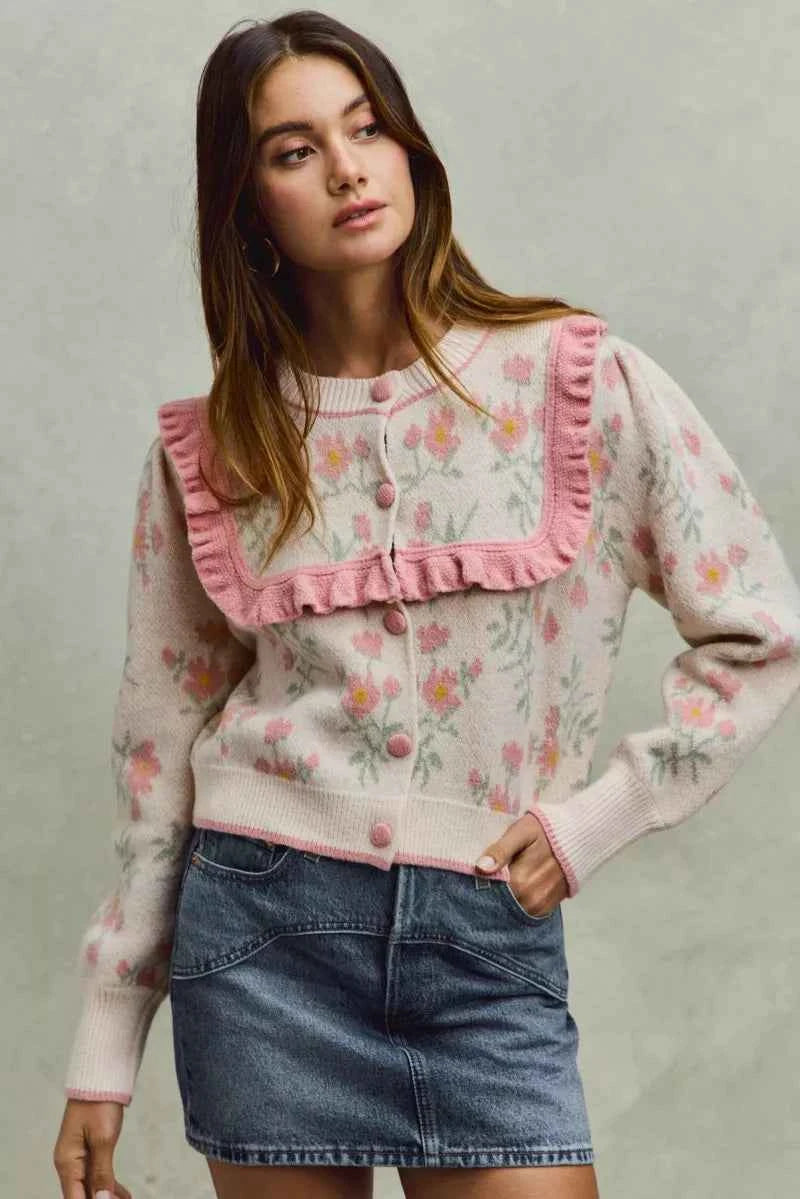 SO ME Flower With Ruffle Detailing Sweater Cardigan SO ME Flower With Ruffle Detailing Sweater Cardigan