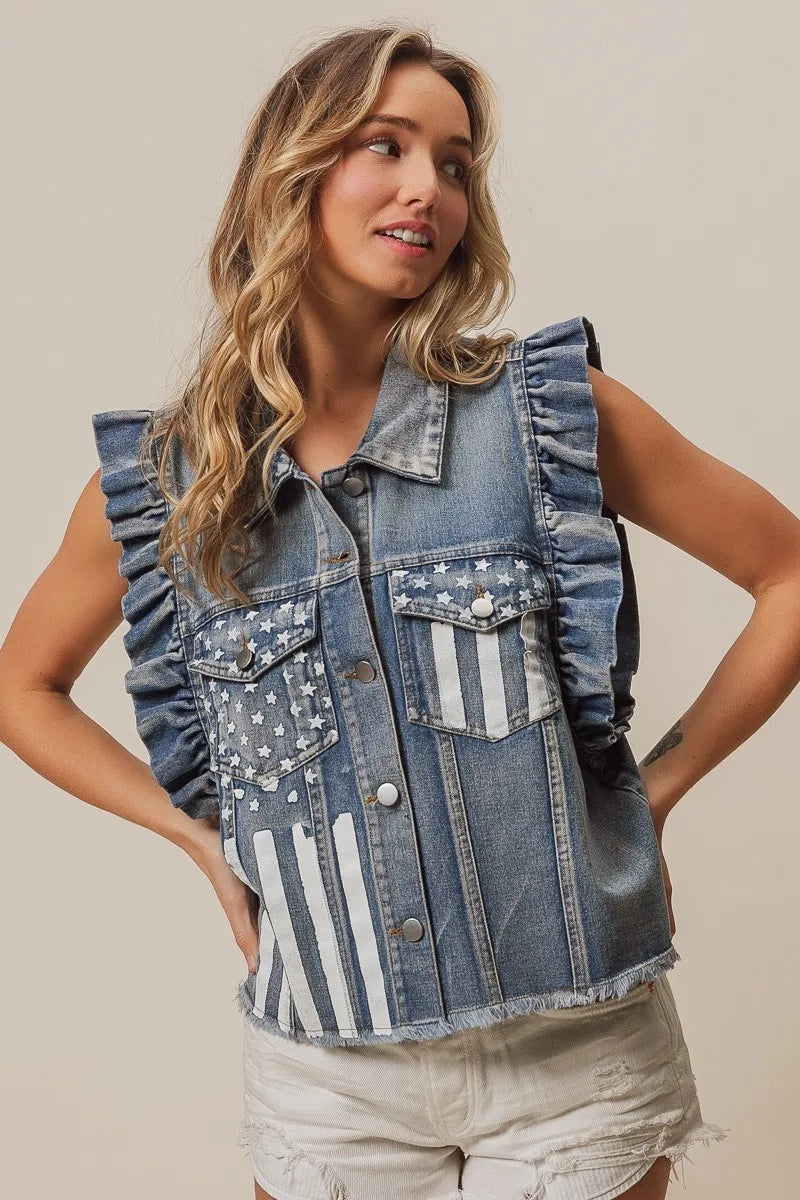 BiBi American Flag Washed Denim Jacket 4fdac255-613f-47ae-a114-234fff713dbd-Max