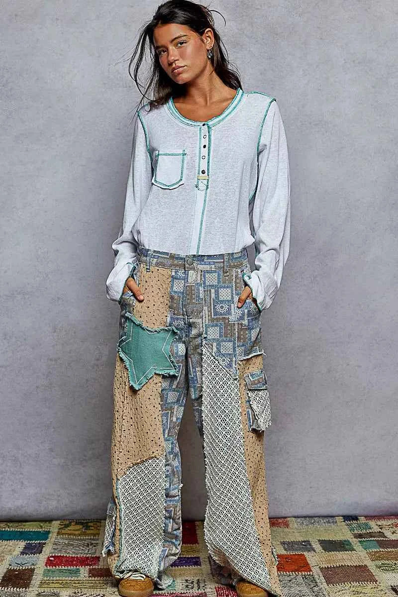 POL Round Neck Long Sleeve Top with Contrast Stitching POL Round Neck Long Sleeve Top with Contrast Stitching