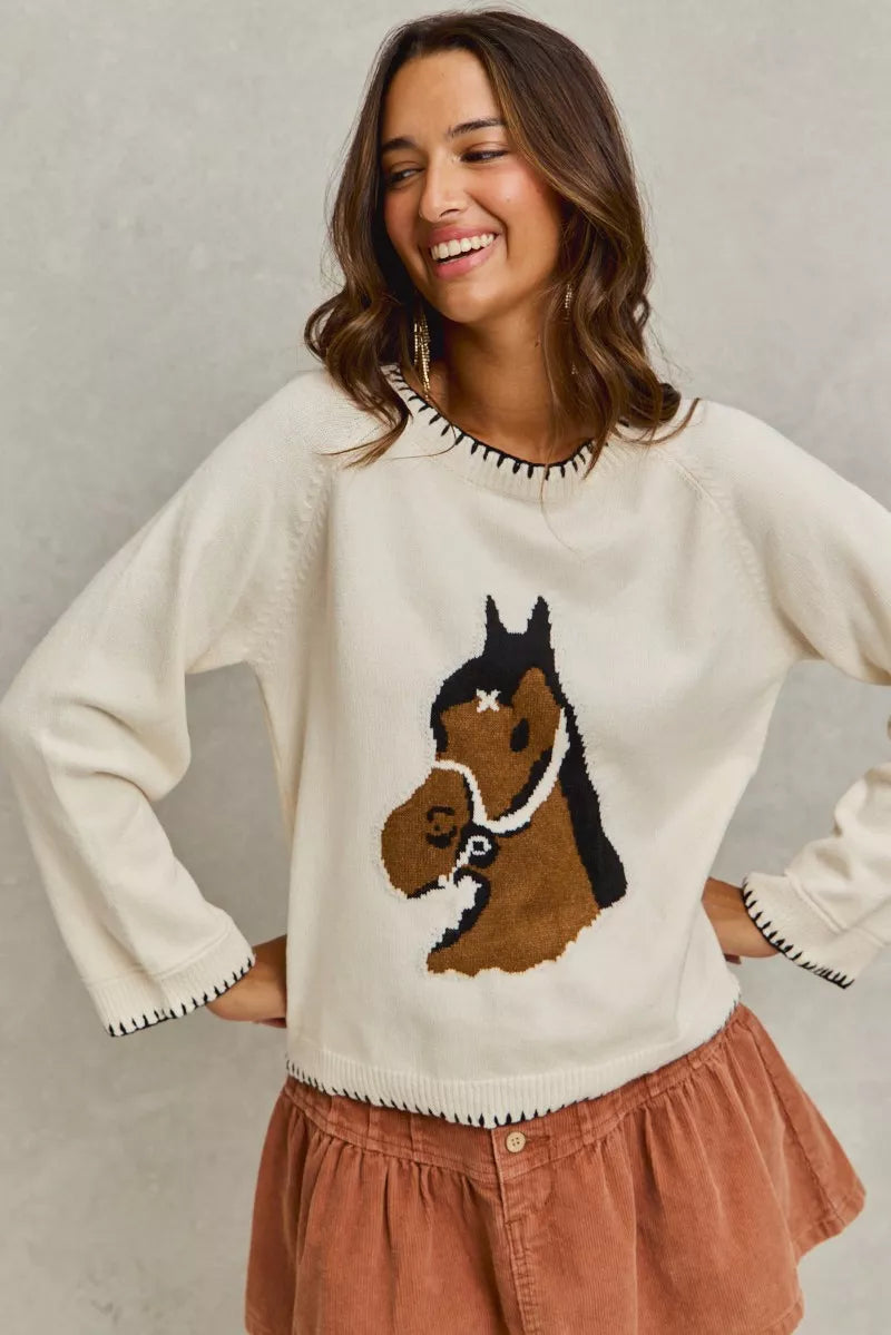 SO ME Horse Knit Sweater Top with Blanket Stitch 4ff608cdc7dd45eaab478bd0cea75daa-Max-Origin