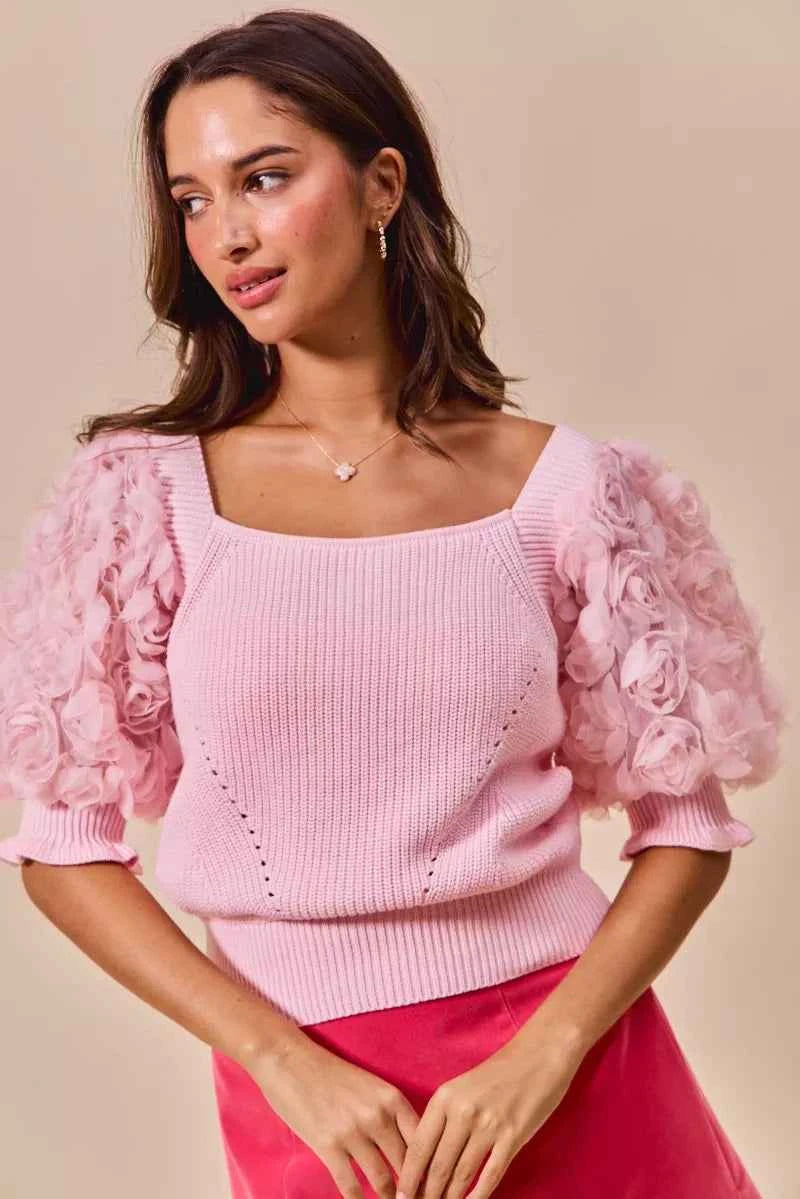 SO ME Rosette Sleeves Square Neck Sweater Knit Top SO ME Rosette Sleeves Square Neck Sweater Knit Top
