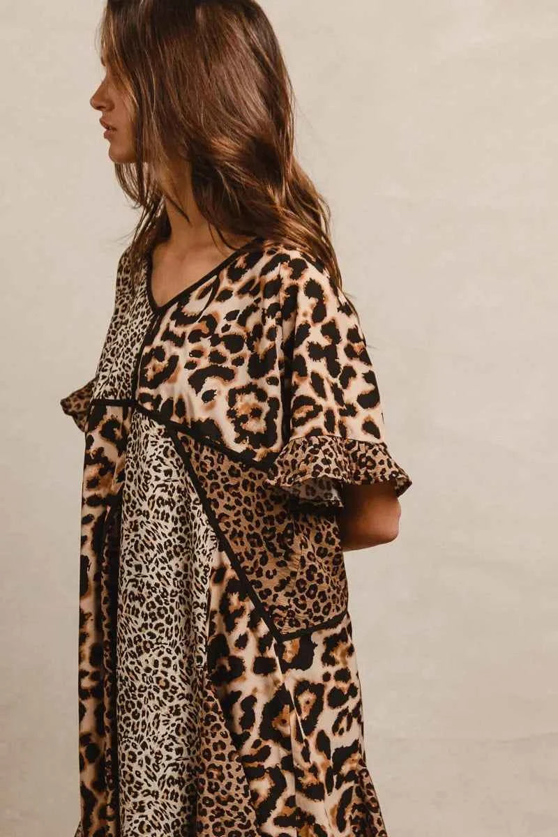 BiBi Leopard Prints Mix and Match Short Sleeves Dress BiBi Leopard Prints Mix and Match Short Sleeves Dress