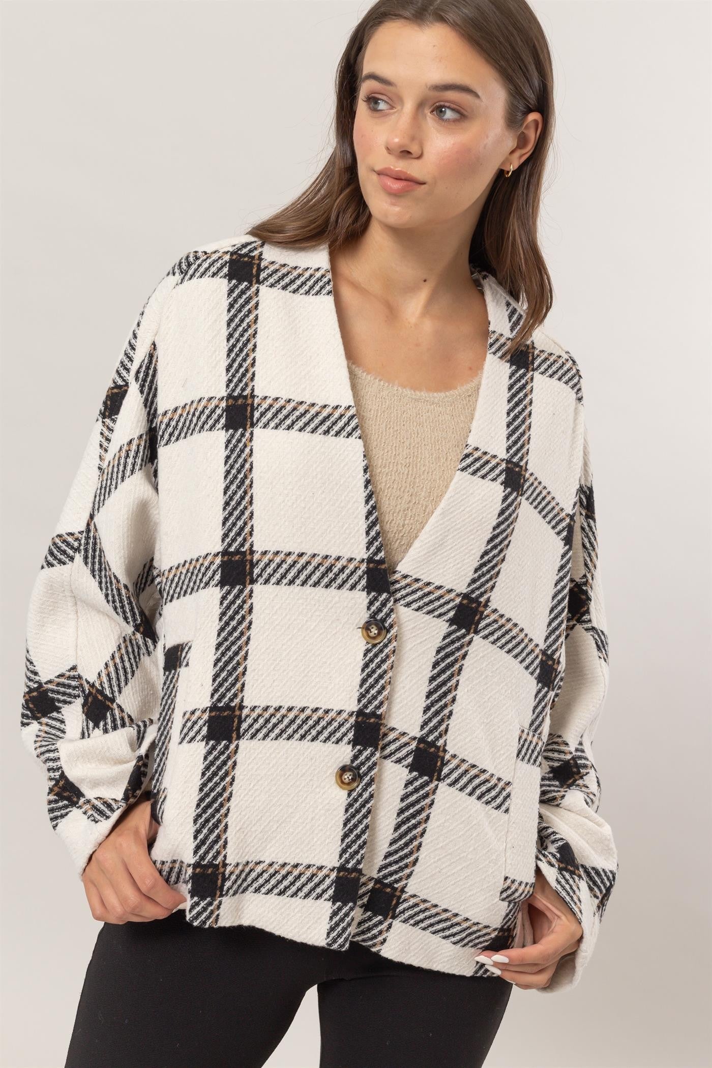 HYFVE Plaid Long Sleeve Jacket with Side Slit Pockets HYFVE Plaid Long Sleeve Jacket with Side Slit Pockets